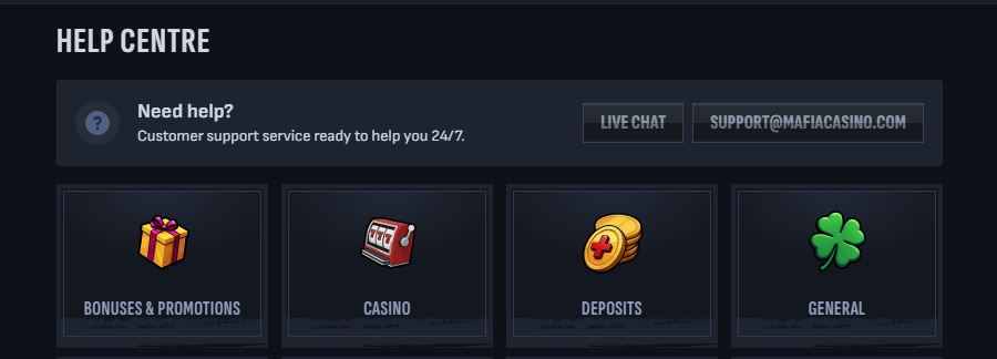 Get instant help via live chat or email at Mafia Casino support centre